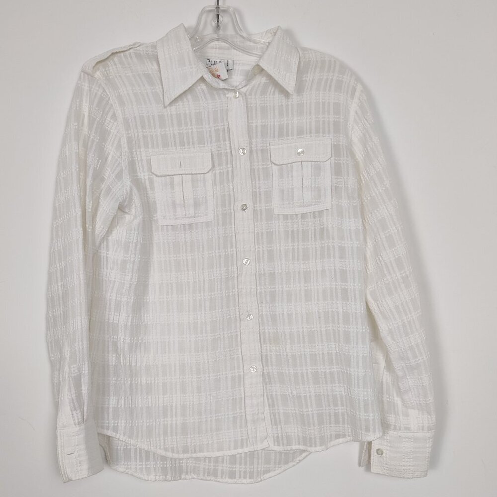 Puli Women's Button Down Shirt Size 8 White Plaid Business Casual Formal Office